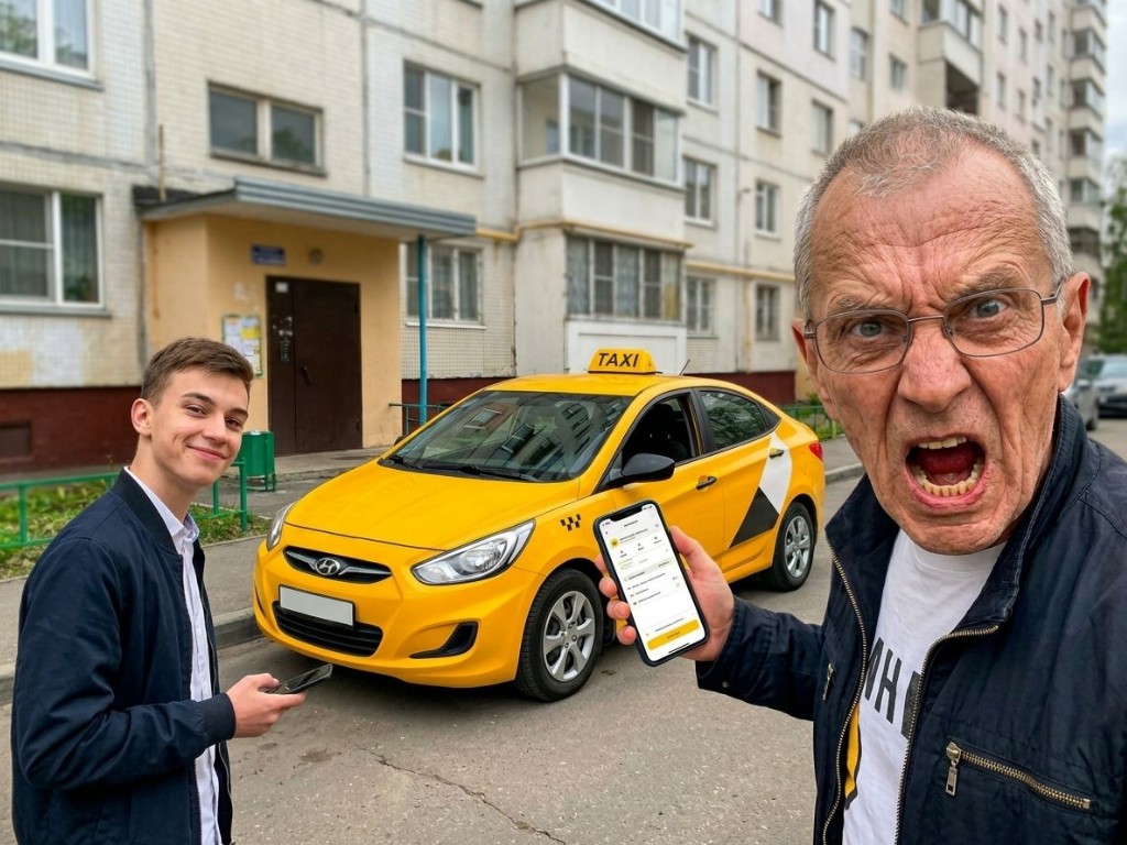 Машина такси стоит у подъезда